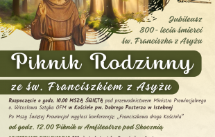 Plakat informujący o Pikniku Rodzinnym ze św. Franciszkiem (8 sierpnia 2026, Istebna). W programie: Msza św. o godz. 10:00 w Kościele Dobrego Pasterza, od 12:00 piknik w Amfiteatrze pod Skocznią, konferencje oraz występy zespołów.