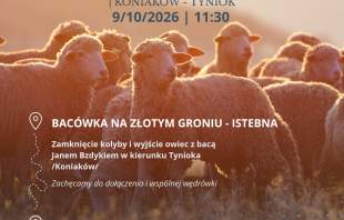 Plakat informuje o Redyku Jesiennym, który odbędzie się 9.10.2026 r. o godz. 11:30. W programie: przejście owiec z Bacówki na Złotym Groniu na Tyniok w Koniakowie (11:30), modlitwa, pokaz wyrobu buncu oraz występy zespołów (15:00). Tło: stado owiec.