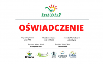 Oświadczenie; logotypy Beskidzkiej 5 i wchodzących w jej skład miast i gmin oraz imiona i nazwiska burmistrzów i wójtów