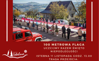 Baner ze zdjęciem rozciągniętej flagi i zaproszeniem na obchody Święta Niepodległości