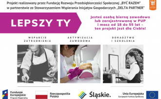 Grafika z trzema zdjęciami: kucharz, kosmetyczka i kelnerka; logotypy, realizatorzy projektu Lepszy Ty