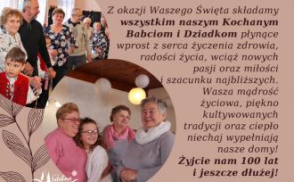 Grafika z życzeniami oraz zdjęciami babci, dziadka i wnuków