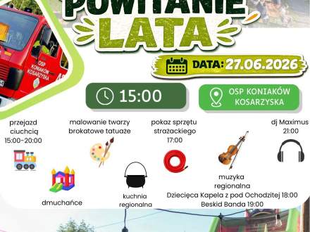 Plakat ze zdjęciami plenerowego spotkania przy remizie OSP, czerwonego wozu strażackiego oraz dmuchańców dla dzieci. Grafika informuje o wydarzeniu „Powitanie Lata” i zawiera program atrakcji opisanych w ogłoszeniu.