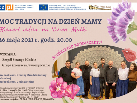 Plakat zapraszający na koncert z okazji Dnia Matki w środę 26 maja 2021 roku o godzinie 20.00. Na plakacie zdjęcie wykonawców koncertu na fioletowym tle; wokół kwiaty.