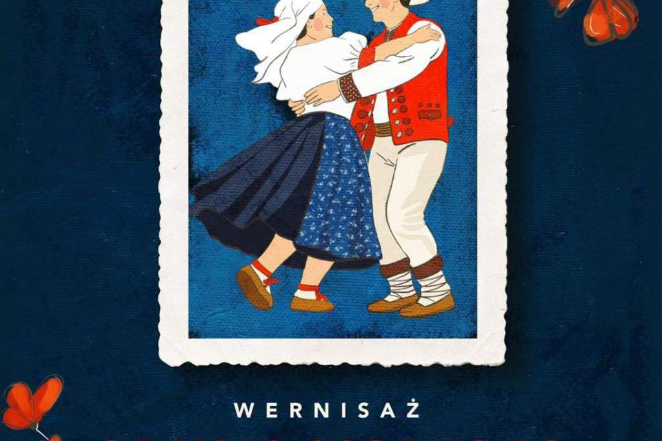 Plakat: Jubileuszowa Wystawa Fotograficzna „Ludzie Istebnej”. Wernisaż 24 lipca 2026 r., godz. 18:30, Park w centrum Istebnej obok GOK. Ilustracja przedstawia tańczącą parę w tradycyjnych strojach góralskich.